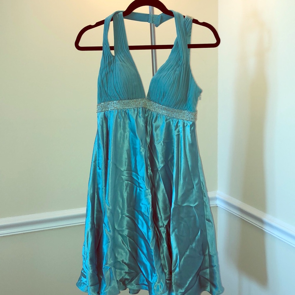 Adrianna Papell Beaded turquoise halter dress
